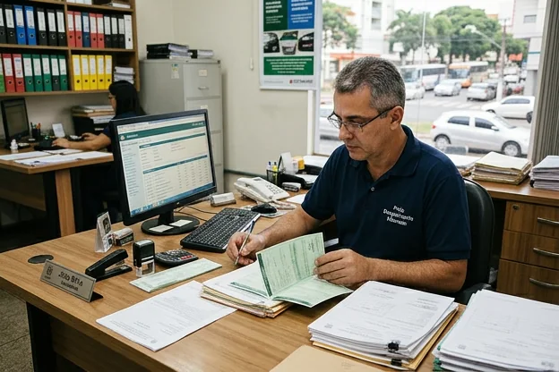 Pessoa analisando documentos relacionados a veículos em Uberaba.