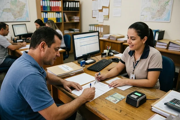 Pessoa sendo atendida por despachante durante a renovação da CNH em Uberaba.