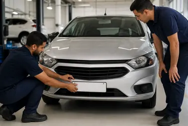 Profissional ajudando no 1º emplacamento de um veículo em Uberaba.