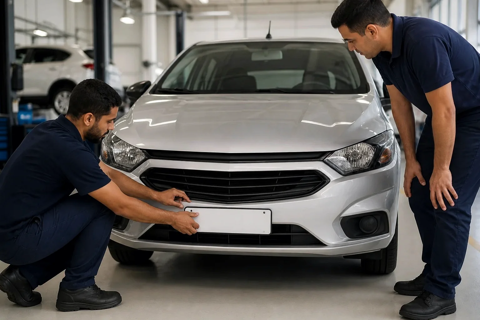 Profissional ajudando no 1º emplacamento de um veículo em Uberaba.