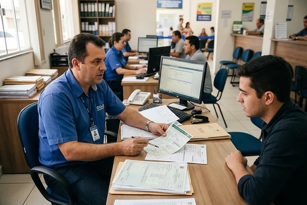 Profissional de despachante explicando documentos necessários para emplacamento em Uberaba.